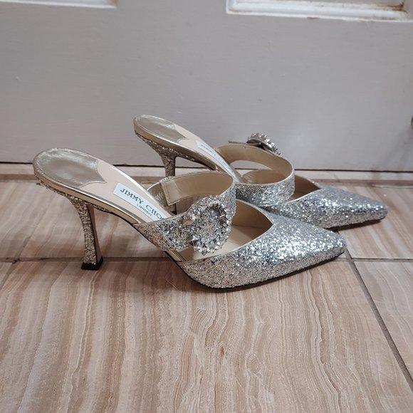 Jimmy Choo Silver Sparkle Glitter Wedding Crystal Buckle Marta Heel Mules - Picture 10 of 10